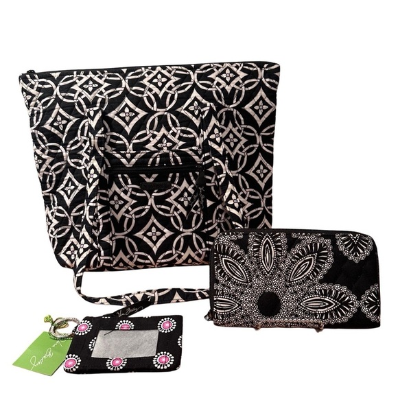 Vera Bradley Set of 3 in Black Patterns. Villager Bag, Accordion Wallet & Zip ID - Picture 15 of 16